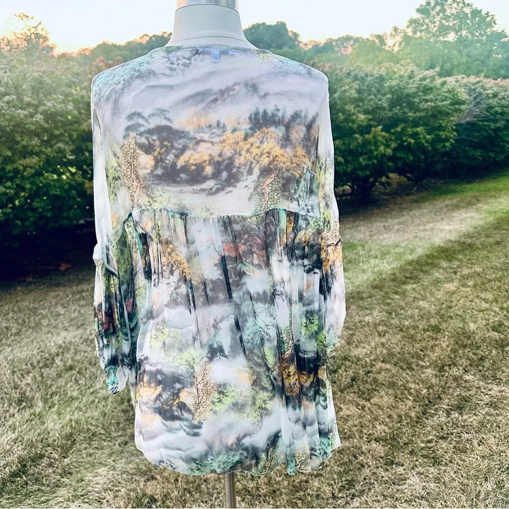 Tempo Paris Sheer Landscape Print Blouse Medium V-Neck High-Low Boho Top - Picture 6 of 10